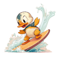 mignonne canard surfant avec planche de surf dessin animé icône illustration, plat dessin animé style, png transparent. ai génératif