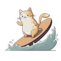 söt katt surfing med surfingbräda tecknad serie ikon illustration, platt tecknad serie stil, png transparent. ai generativ