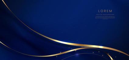 Dark blue elegant background with golden ribbon curved lines with lihgting effect and sparkle. Template award design. vector