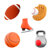 3d Renderização rúgbi bola, kettlebell, beisebol luva, basquetebol, gelo patim ícone definir. 3d render esporte concepção ícone definir. png