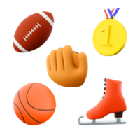 3d tolkning rugby boll, guld medalj, baseboll handske, basketboll, is skridsko ikon uppsättning. 3d framställa sport uppfattning ikon uppsättning. png