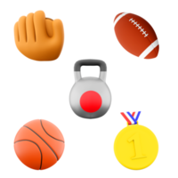 3d representación béisbol guante, rugby, pesas rusas, baloncesto, oro medalla icono colocar. 3d hacer deporte concepción icono colocar. png
