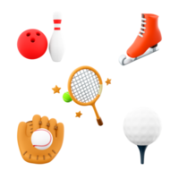 3d le rendu bowling Balle et jeu de quilles, la glace patin, tennis raquette, base-ball gant, le golf icône ensemble. 3d rendre sport conception icône ensemble. png