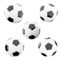 3d representación negro y blanco clásico fútbol pelota icono colocar. 3d hacer jugadores tratar a patada el pelota dentro el del oponente objetivo con patadas diferente posiciones icono colocar. png