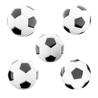 3d Rendern schwarz und Weiß klassisch Fußball Ball Symbol Satz. 3d machen Spieler Versuchen zu trete das Ball in das des Gegners Tor mit Tritte anders Positionen Symbol Satz. png