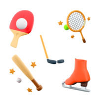 3d interpretazione tavolo tennis, hockey, tennis racchetta, baseball pipistrello, ghiaccio pattinare icona impostare. 3d rendere sport concezione icona impostare. png