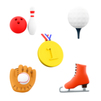 3d representación bolos pelota y juego de bolos, hielo patinar, oro medalla, béisbol guante, golf icono colocar. 3d hacer deporte concepción icono colocar. png