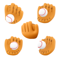 3d representación béisbol guante icono colocar. 3d hacer realista béisbol cuero guante y pelota para campeonato promoción diferente posiciones icono colocar. png