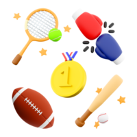 3d representación tenis raqueta y pelota, boxeo guante rojo y azul colores, oro medalla, rugby, béisbol murciélago icono colocar. 3d hacer deporte concepción icono colocar. png