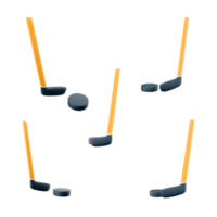 3d Rendern Eishockey Stock und Puck Symbol Satz. 3d machen Mannschaft Sport auf Eis anders Positionen Symbol Satz. Eishockey. png