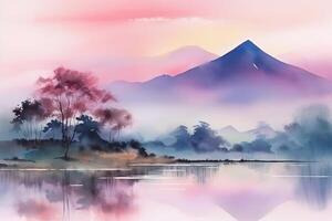 idílico japonés montaña paisaje en amable rosado colores. generado ai. foto