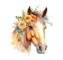 Watercolor portrait of a horse with flowers. . photo