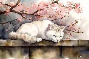 watercolor image of a cat sleeping on a stone fence under blooming cherry. . photo