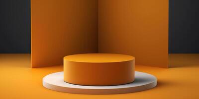 Realistic 3D orange theme podium for product display. photo