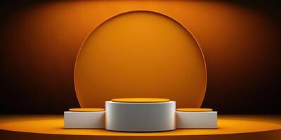 Realistic 3D orange theme podium for product display. photo