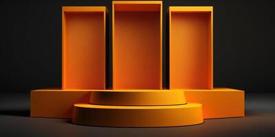 Realistic 3D orange theme podium for product display. photo