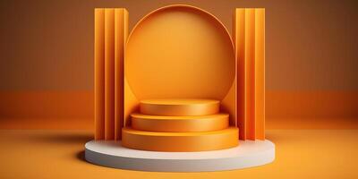 Realistic 3D orange theme podium for product display. photo