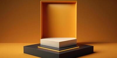 Realistic 3D orange theme podium for product display. photo