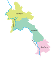 laos Karta med mekong flod och tre regioner png