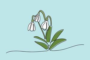 One line snowdrop isolated on blue background. Vector illustration continuous one line of white snowdrop. Spring card with snowdrop. Spring flowe