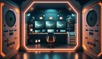 astronave habitación interior diseño ilustración, nave espacial controlar habitación fondo de pantalla ,generativo ai foto