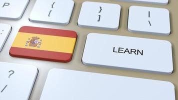aprender Español idioma concepto. en línea estudiar cursos botón con texto en teclado. 3d ilustración foto