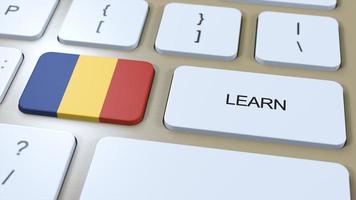 aprender rumano idioma concepto. en línea estudiar cursos botón con texto en teclado. 3d ilustración foto
