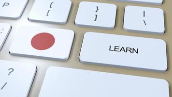aprender japonés idioma concepto. en línea estudiar cursos botón con texto en teclado. 3d ilustración foto