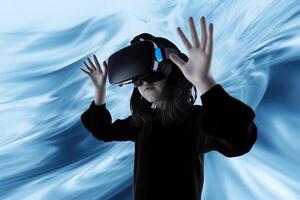 a young girl wearing a virtual reality headset in the style of blue and black. photo