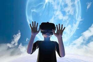 un chico vistiendo un virtual realidad auriculares en el estilo de azul y negro. ai generado foto