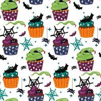 A pattern of cupcakes for Halloween. Pastries in the form of muffins with a spider and a web, a snake, a bat and stars. Cartoon vector. Wrapping paper for Halloween, cover, pattern, fabric. White vector