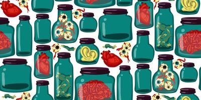 A pattern of organs and samples stored in glass jars. The jars contain human ears, eyes, brains, heart, fingers from zombies. The witch's supplies. Print on textiles and gift wrapping for Halloween vector