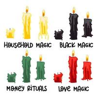 A set of candles for divination in varying degrees of burnout on a white background with inscriptions for what. Red, black, yellow candles in groups. Decor elements for Halloween. Candles are burning vector