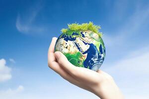 Hand holding green earth isolated on blue sky background, mother earth day illustration. photo