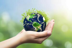 Hand holding green earth isolated on blurred background, mother earth day illustration. photo