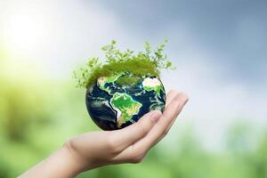 Hand holding green earth isolated on blurred background, mother earth day illustration. photo