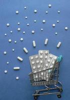 Shopping trolley with medicine pills in pack on classic blue background with copy space. Creative idea for drugstore, online pharmacy, health lifestyle and pharmaceutical company business concept. photo