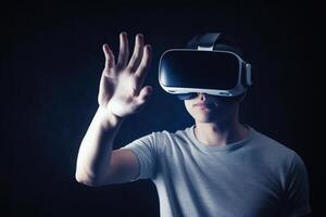 un hombre vistiendo un virtual realidad auriculares conmovedor el virtual objeto en azul tecnología antecedentes. ai generado foto