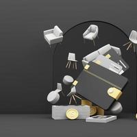interior design concept Sale of home decorations and furniture During promotions and discounts, surrounded by beds, sofas, armchairs and advertising spaces banner. black background. 3d rendering photo