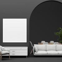 interior design concept Sale of home decorations and furniture During promotions and discounts, surrounded by beds, sofas, armchairs and advertising spaces banner. black background. 3d rendering photo