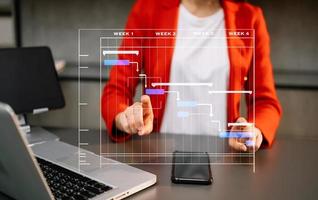 Project manager working and update tasks with milestones progress planning and Gantt chart scheduling diagram.business tram working at office photo