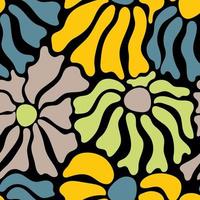 Seamless pattern with colorful retro groovy flowers on dark bsckground. Summer simple abstract design in naive art style vector