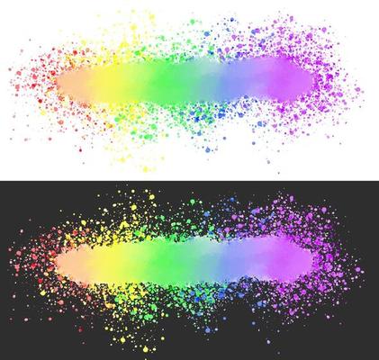 rainbow splashes of paints on a white and black background.