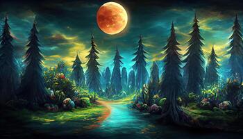 Surprising Bright full moon in dark fairy tale forest as wallpaper design. photo