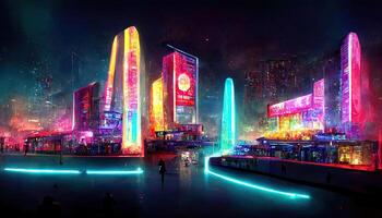 Concept of a cyberpunk metaverse city. photo