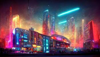 Futuristic metaverse city concept with glowing neon lights. photo