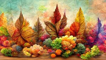 Amazing Autumn and thanksgiving wallpaper background with colourful leaves and rainbow. photo