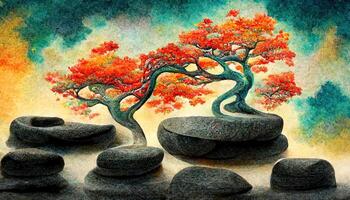 excepcional japonés estilo ilustración de espiritual árbol en rocas generativo ai foto