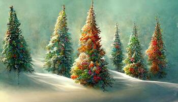 New year and christmas tree winter landscape background with snowman card design. photo