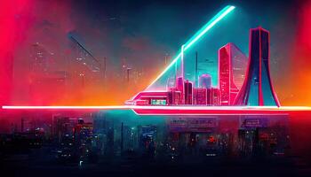 Exceptional Glowing neon infrastructure in futuristic synthwave city. photo